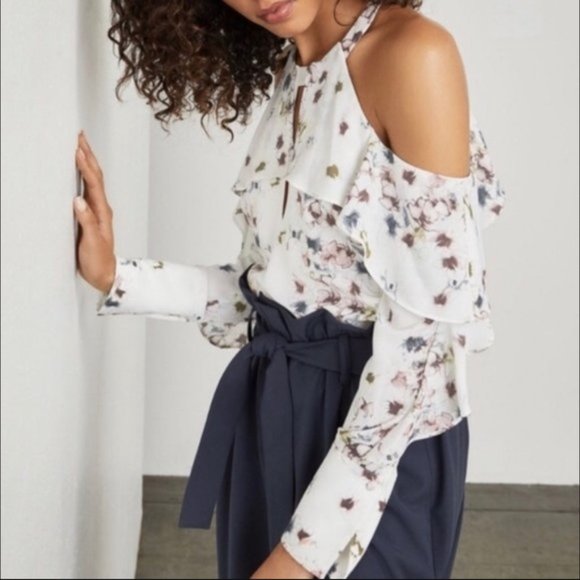 BCBGMAXAZRIA Celestine White Floral Cold Shoulder Ruffle Blouse XXS - Picture 1 of 9